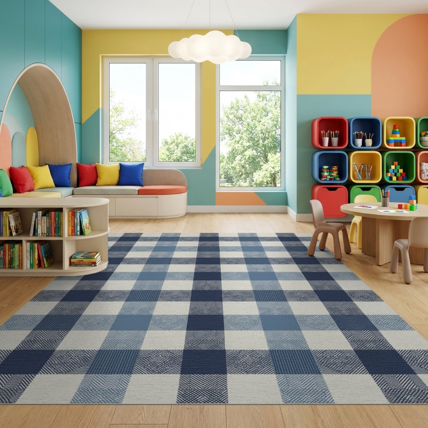 Navy Blue White Plaid Rug