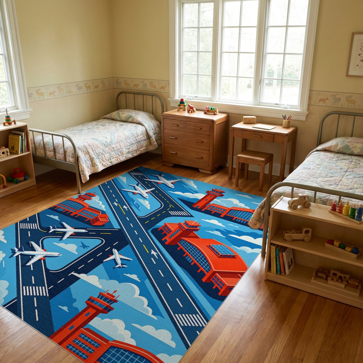 Modern Isometric Airport Planes Runways Rug