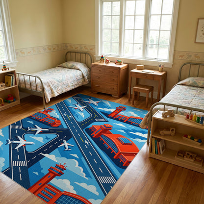 Modern Isometric Airport Planes Runways Rug