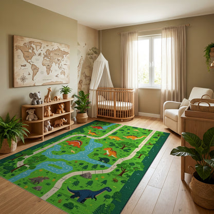 Whimsical Dino Path River Forest Rug