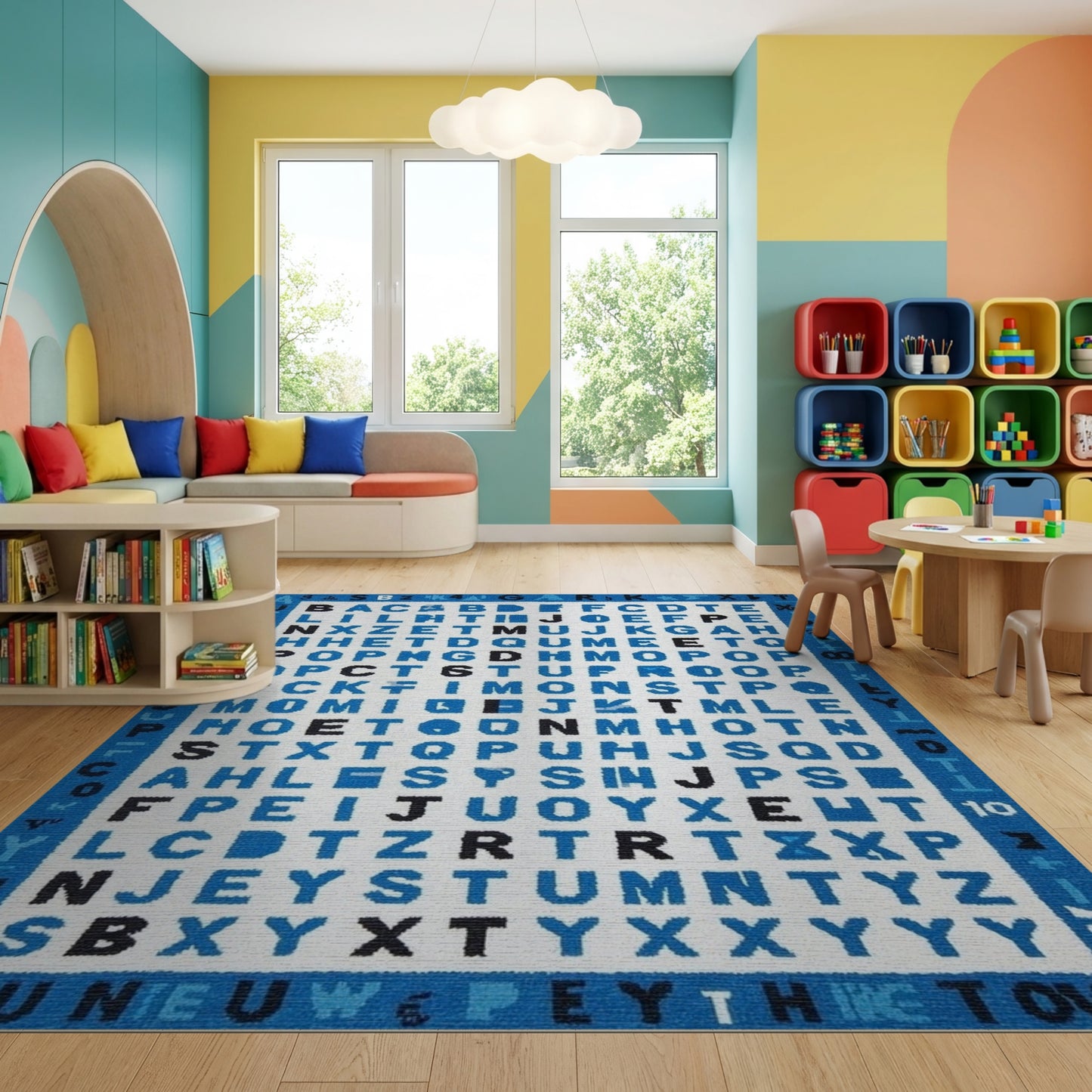Playful Blue Alphabet Grid Rug