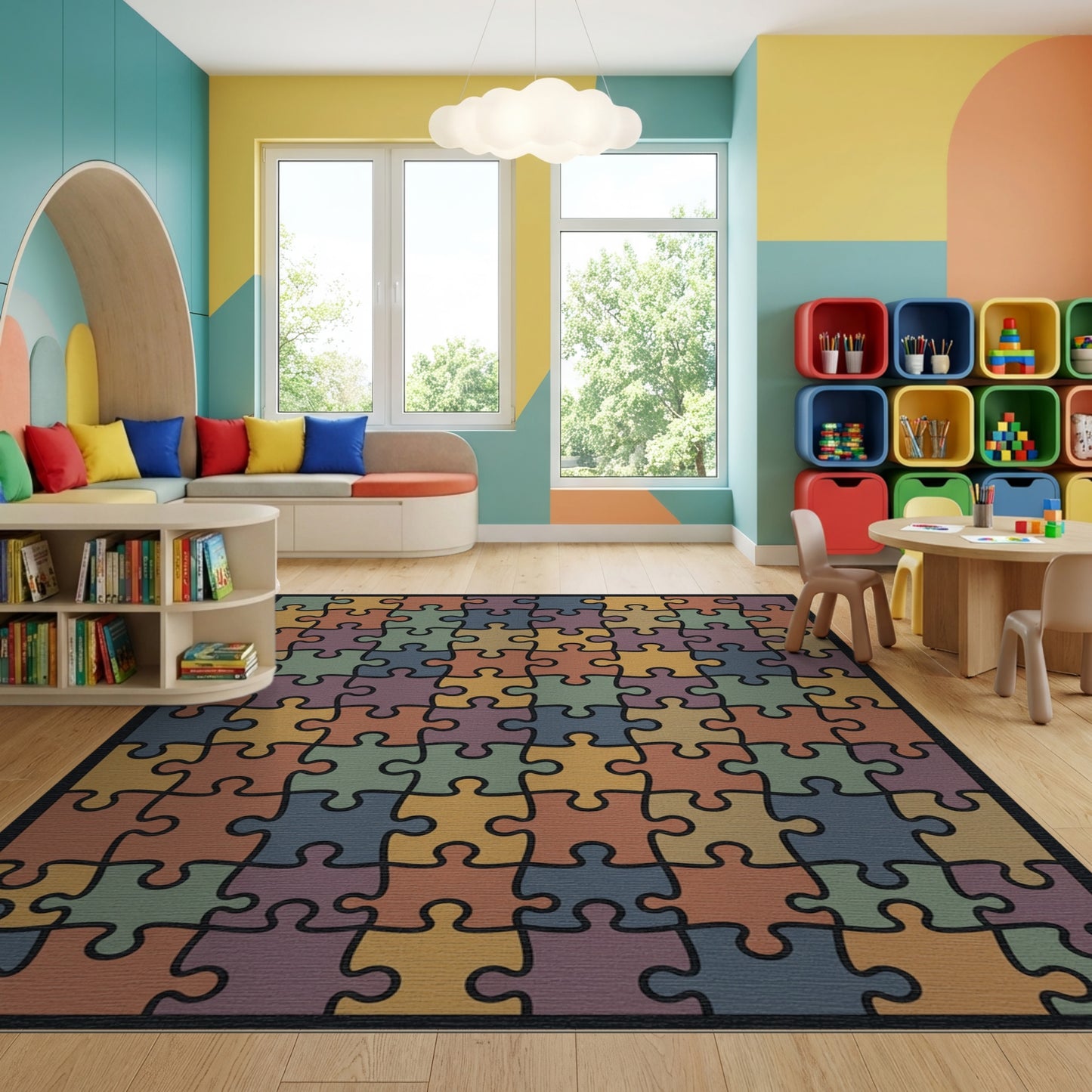 Earthy Multicolor Jigsaw Puzzle Rug