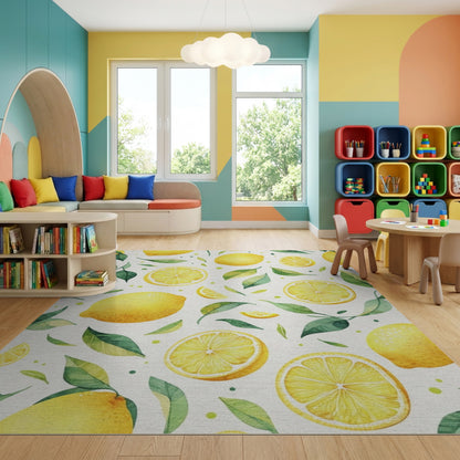 Vibrant Watercolor Lemons Green Leaves Rug