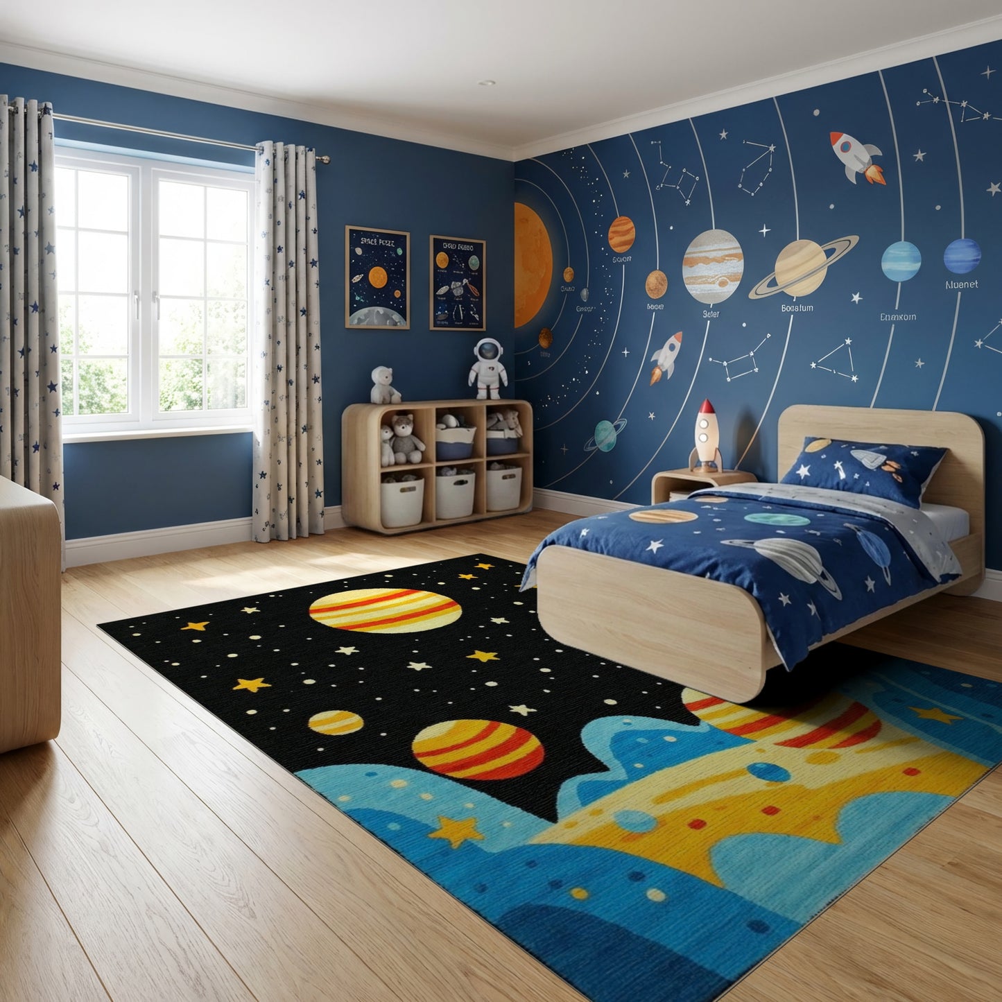 Vibrant Striped Planets Stars Cosmic Rug