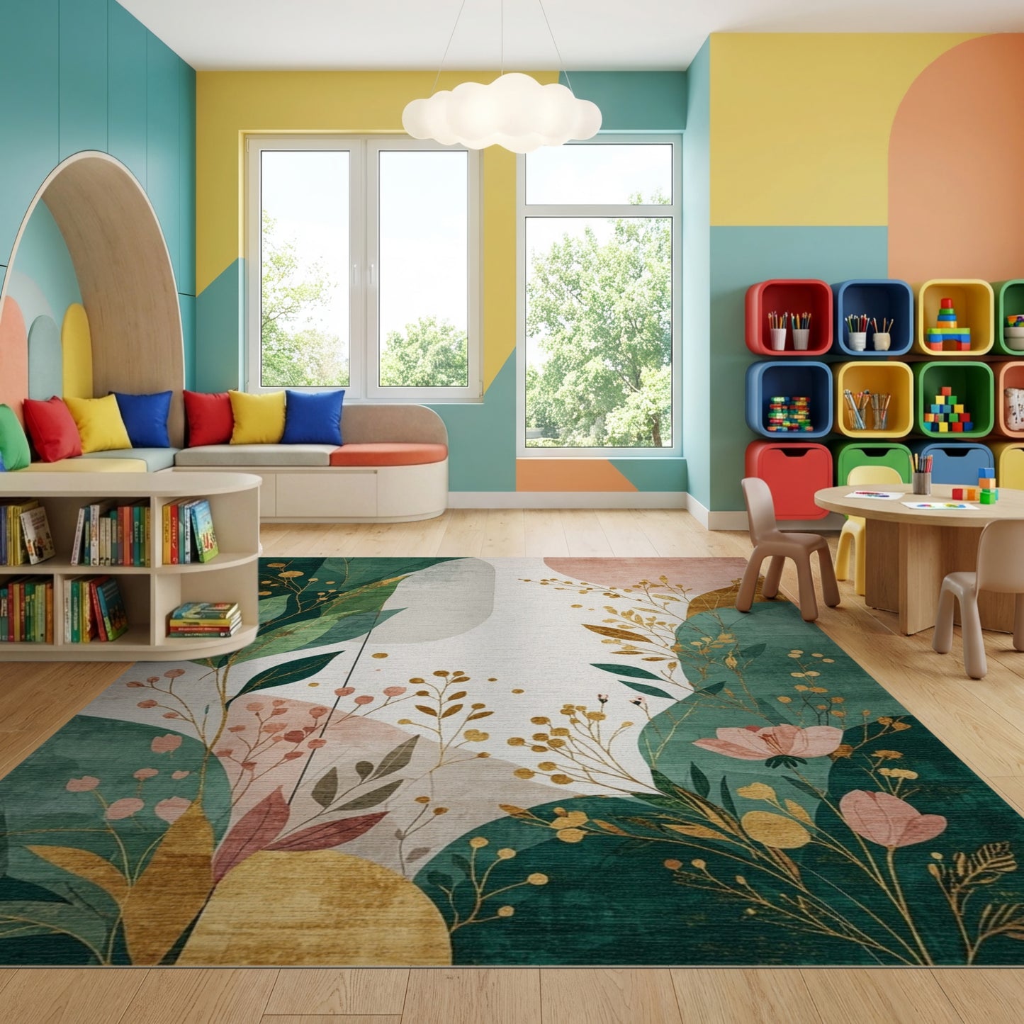 Emerald Green Gold Foliage Abstract Rug