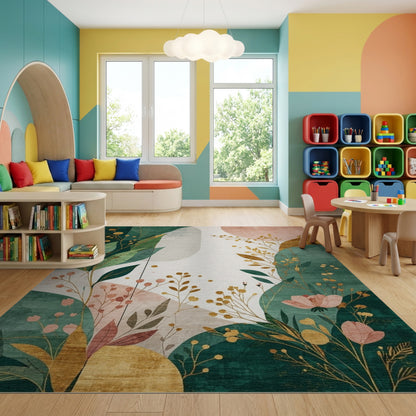 Emerald Green Gold Foliage Abstract Rug