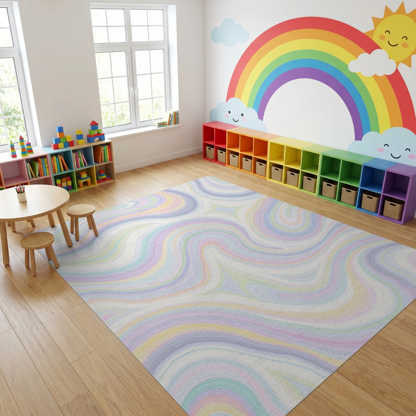 Lavender Pink Teal Yellow Wavy Rug