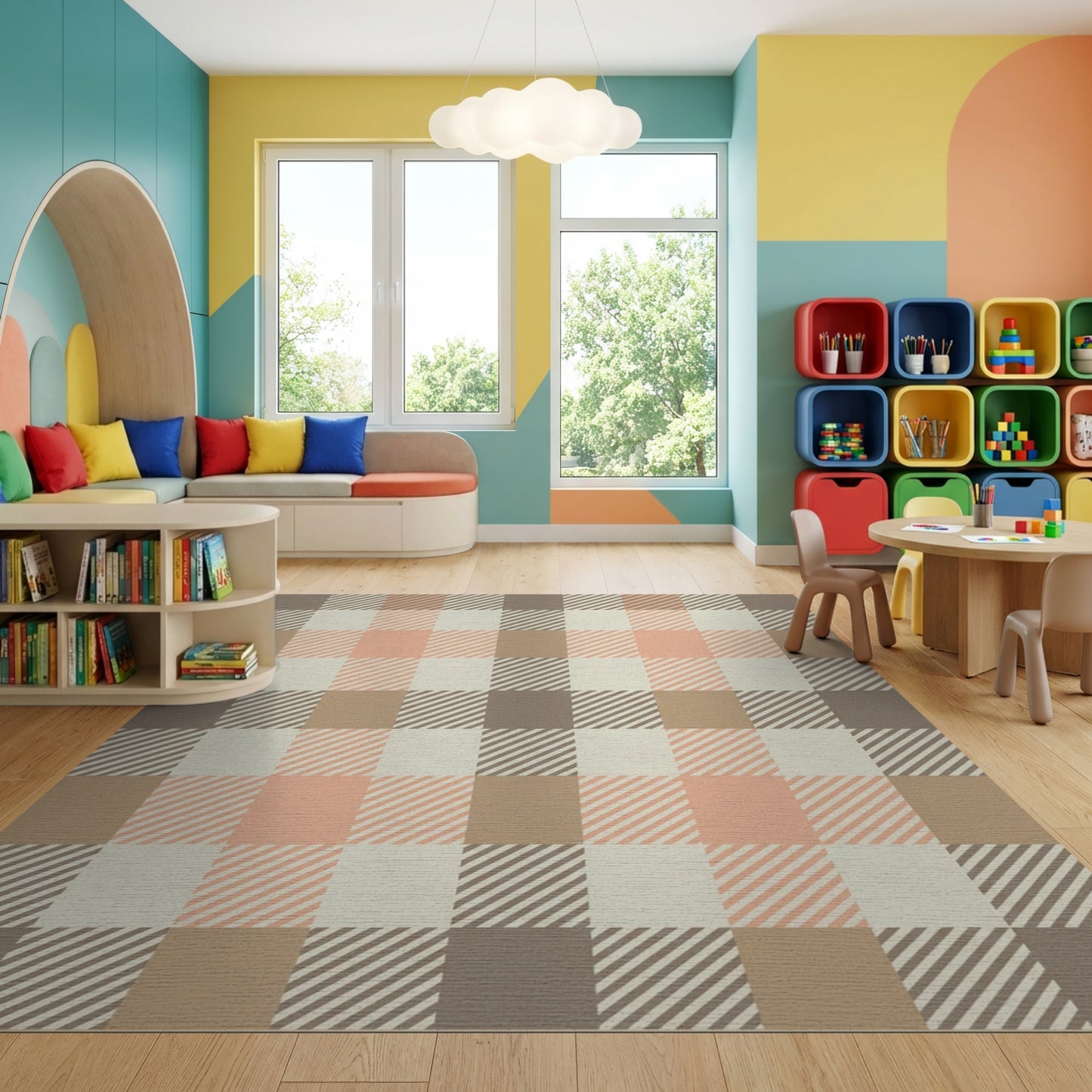 Warm Plaid Peach Brown Cream Rug