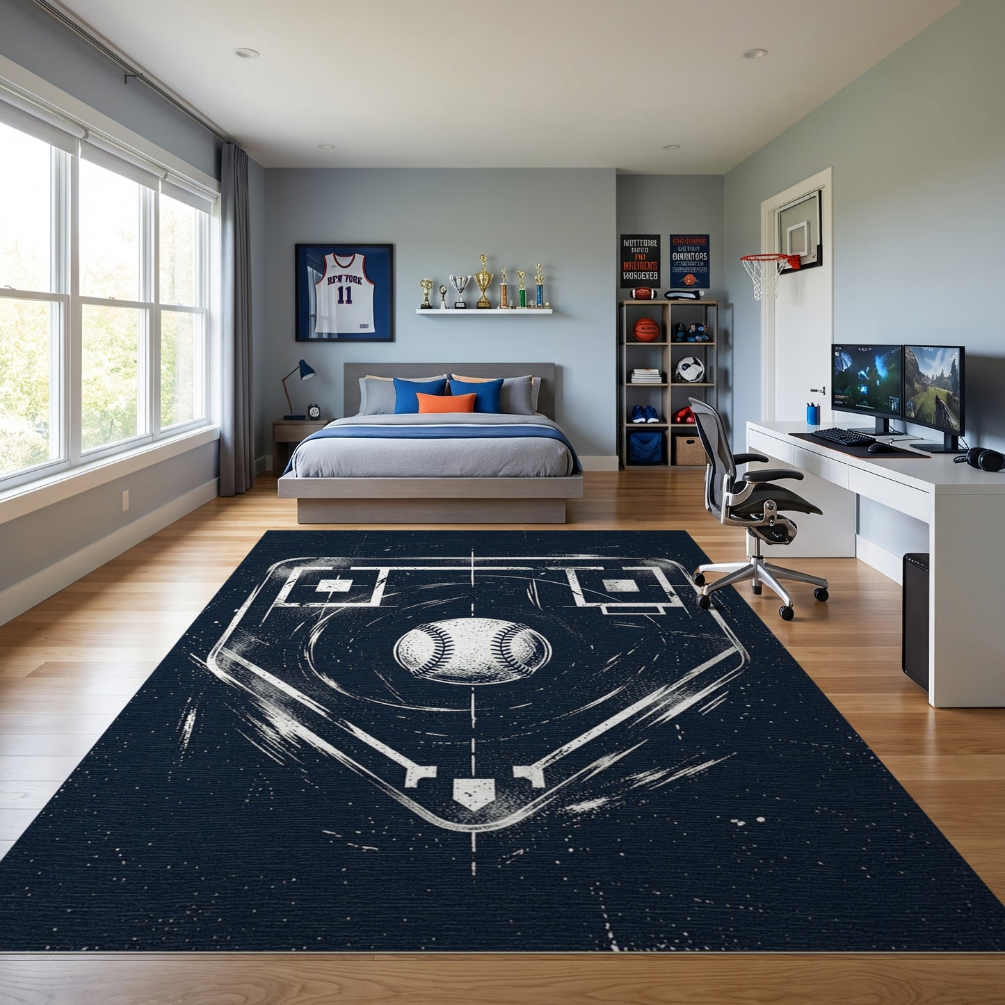 Distressed White Baseball Diamond Navy Rug