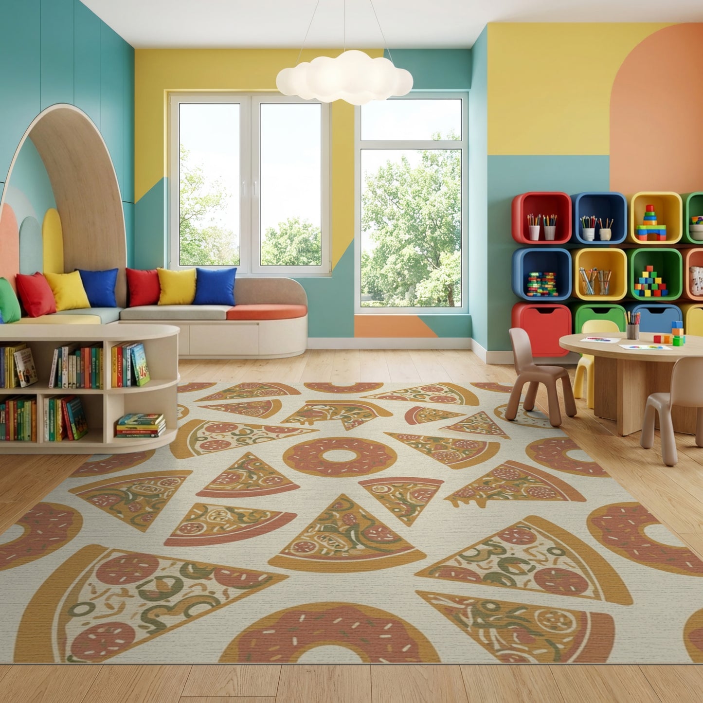 Whimsical Pizza Donut Warm Tones Rug