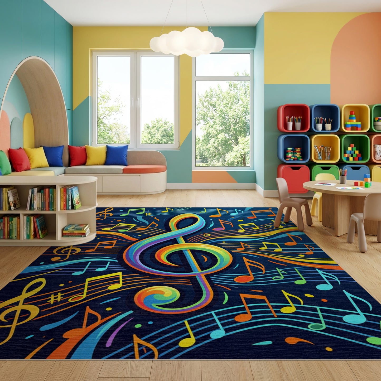 Vibrant Rainbow Treble Clef Notes Rug