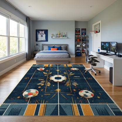Navy Geometric Soccer Balls Grid Rug