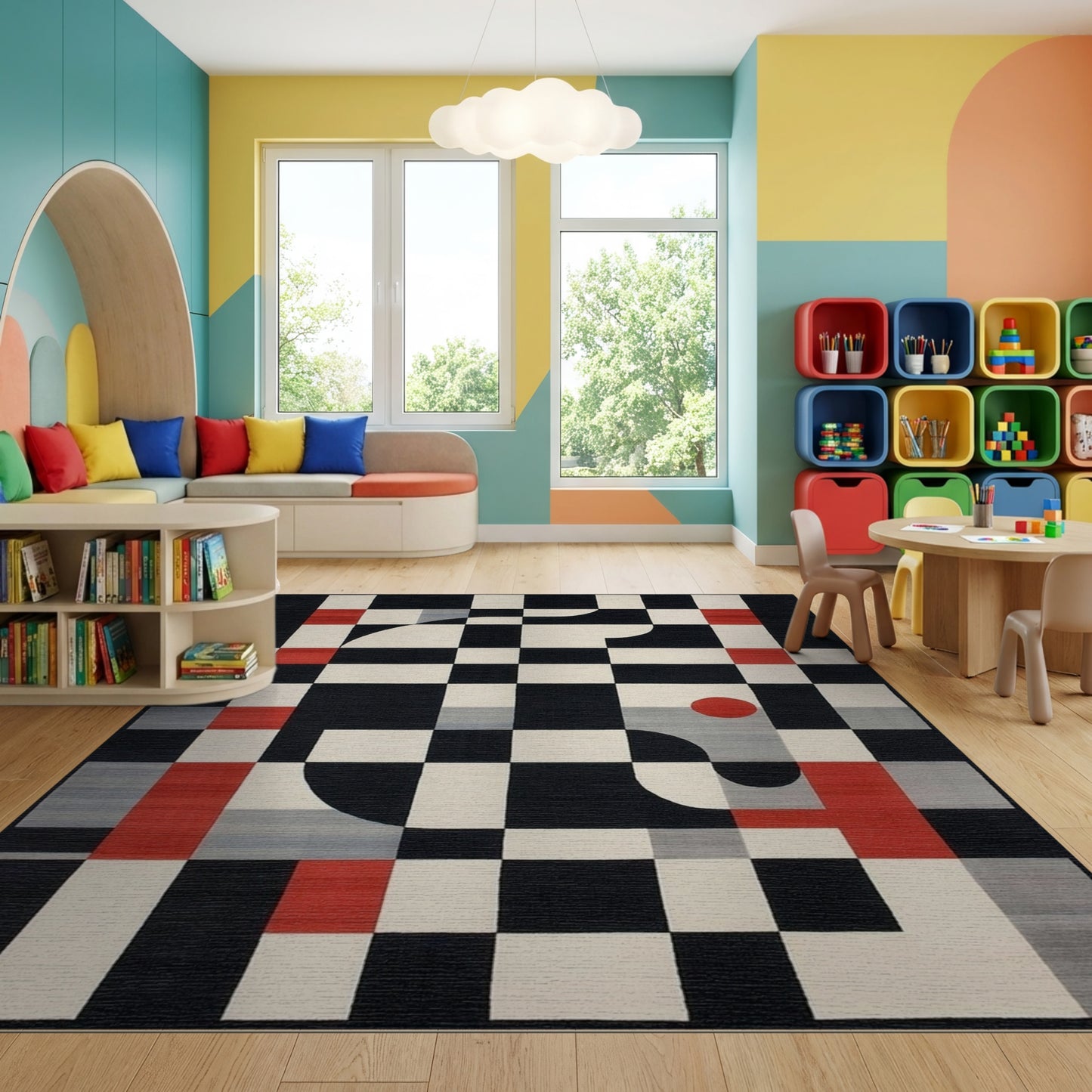 Modern Black White Red Checkerboard Rug