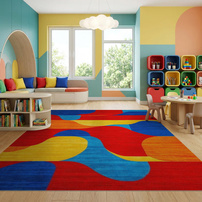 Vibrant Wavy Red Blue Orange Yellow Rug