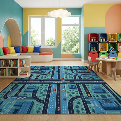 Stylized Teal City Road Map Rug