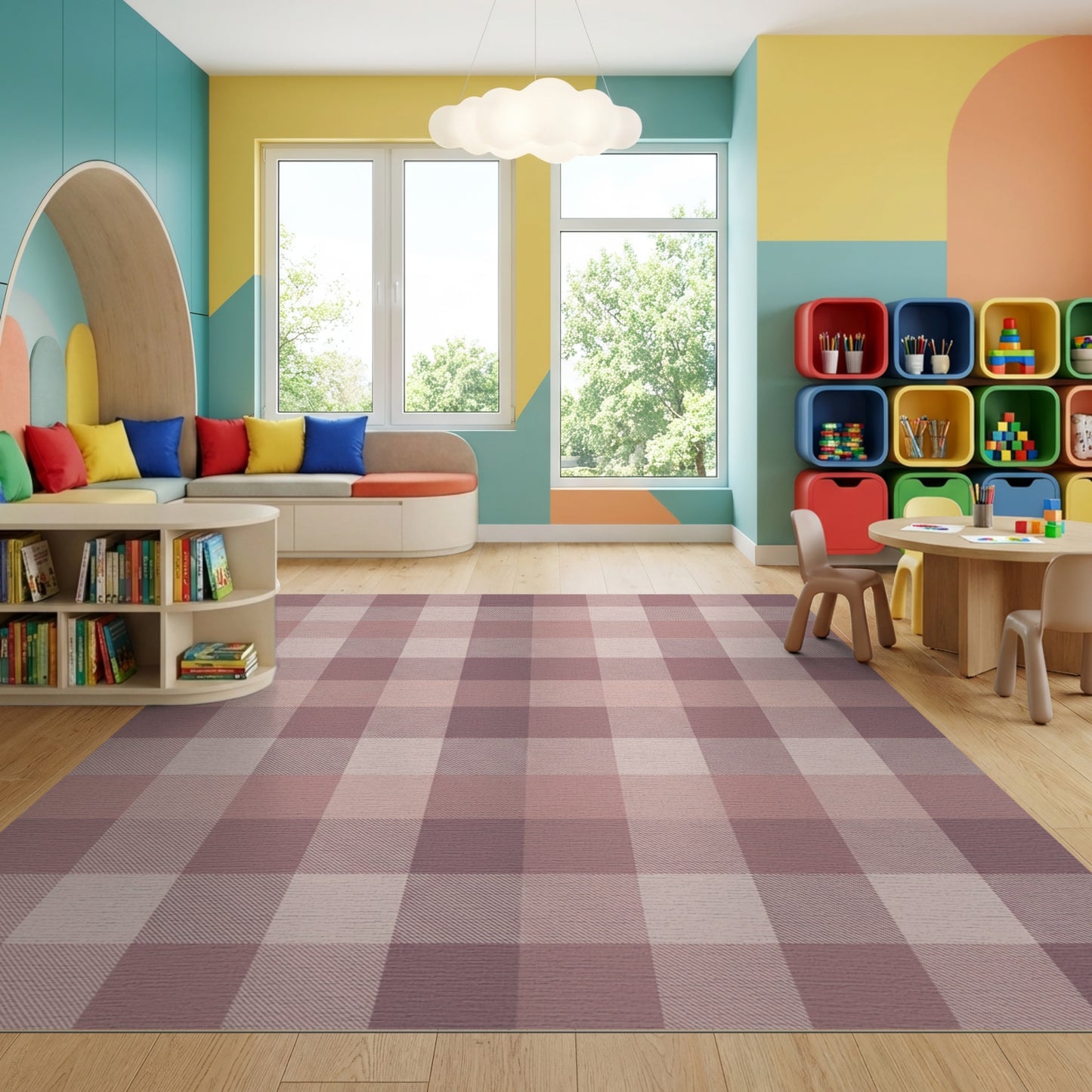 Blush Brown Gingham Checkered Rug