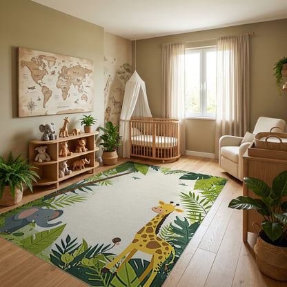 Playful Jungle Giraffe Elephant Palm Rug