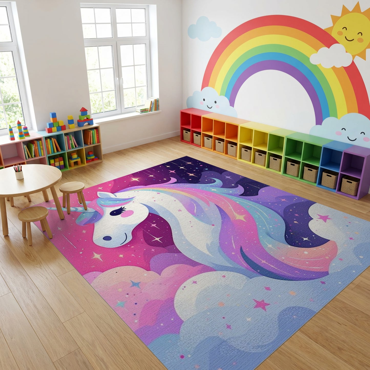 Whimsical Unicorn Stars Rainbow Clouds Rug