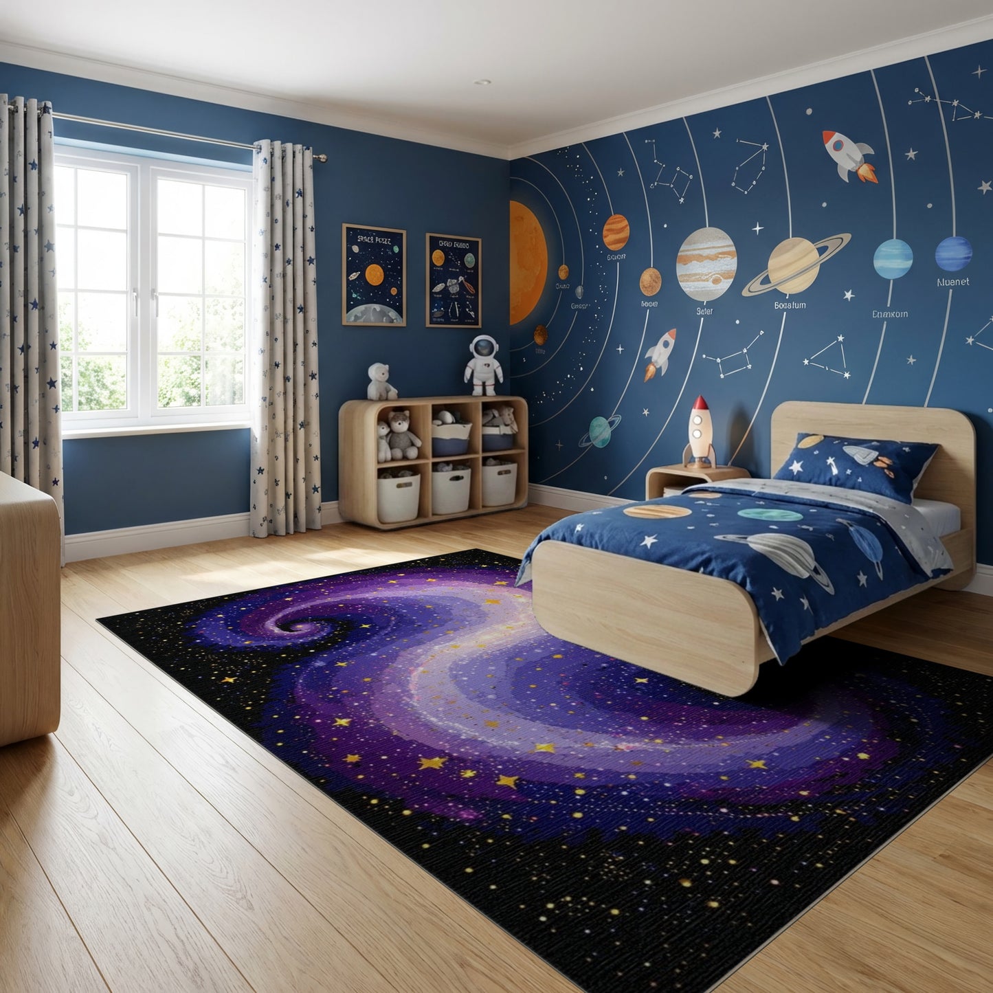 Cosmic Purple Gold Swirling Stars Rug