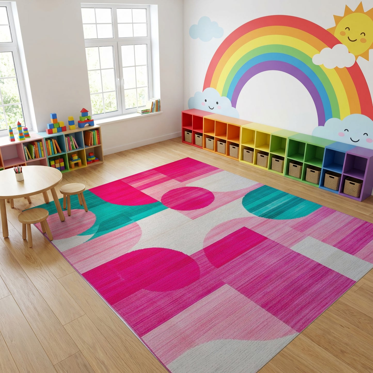 Playful Teal Pink Overlapping Circles Rug