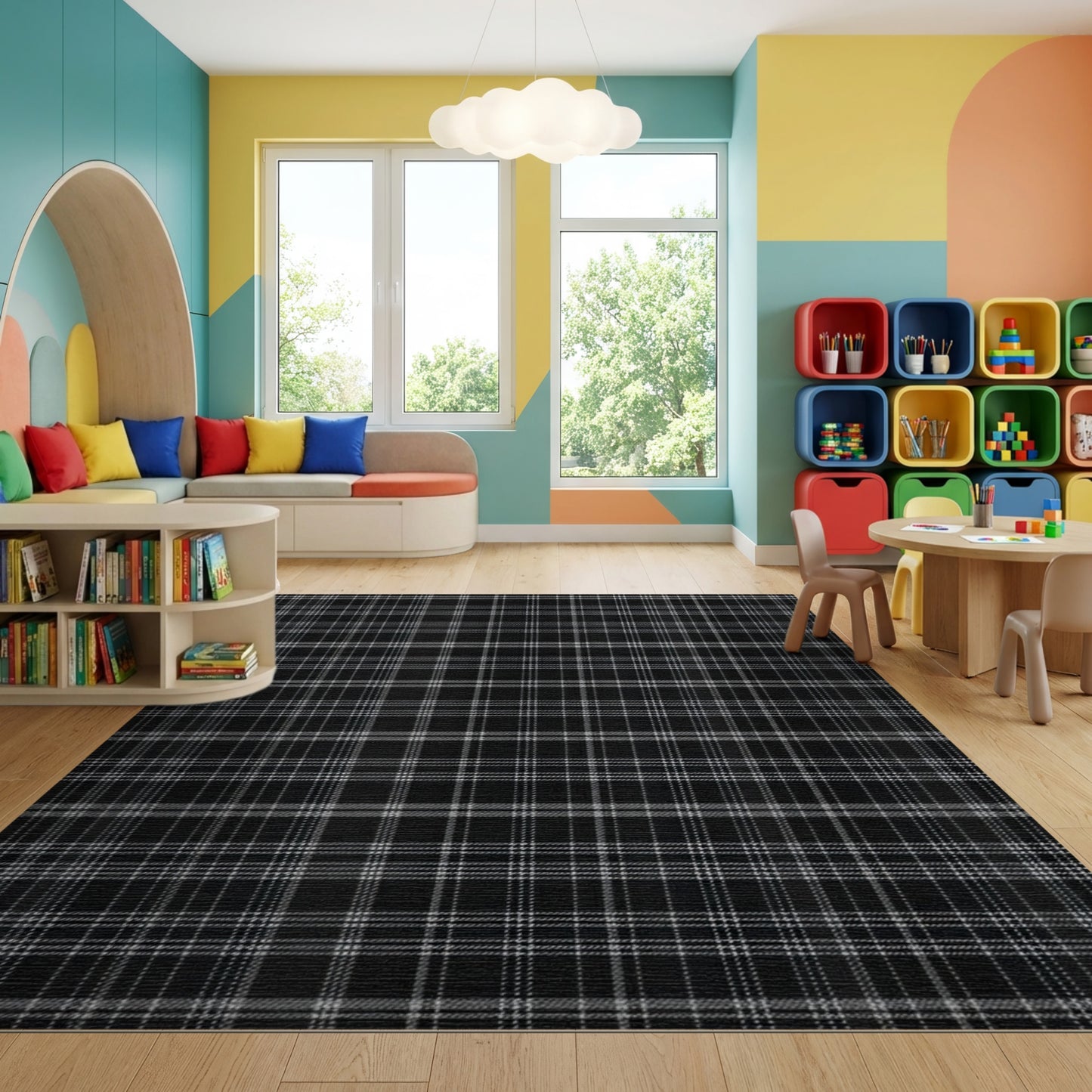 Black and White Checkered Grid Rug