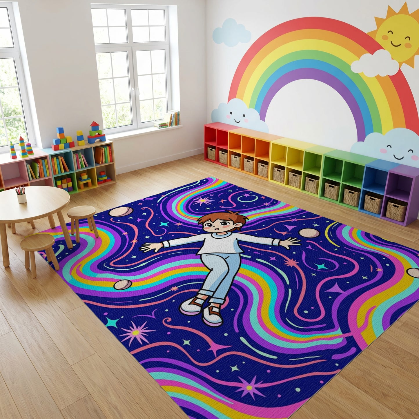 Cosmic Rainbow Waves Floating Boy Stars Rug
