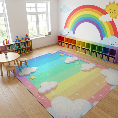 Dreamy Rainbow Fluffy Clouds Stars Rug