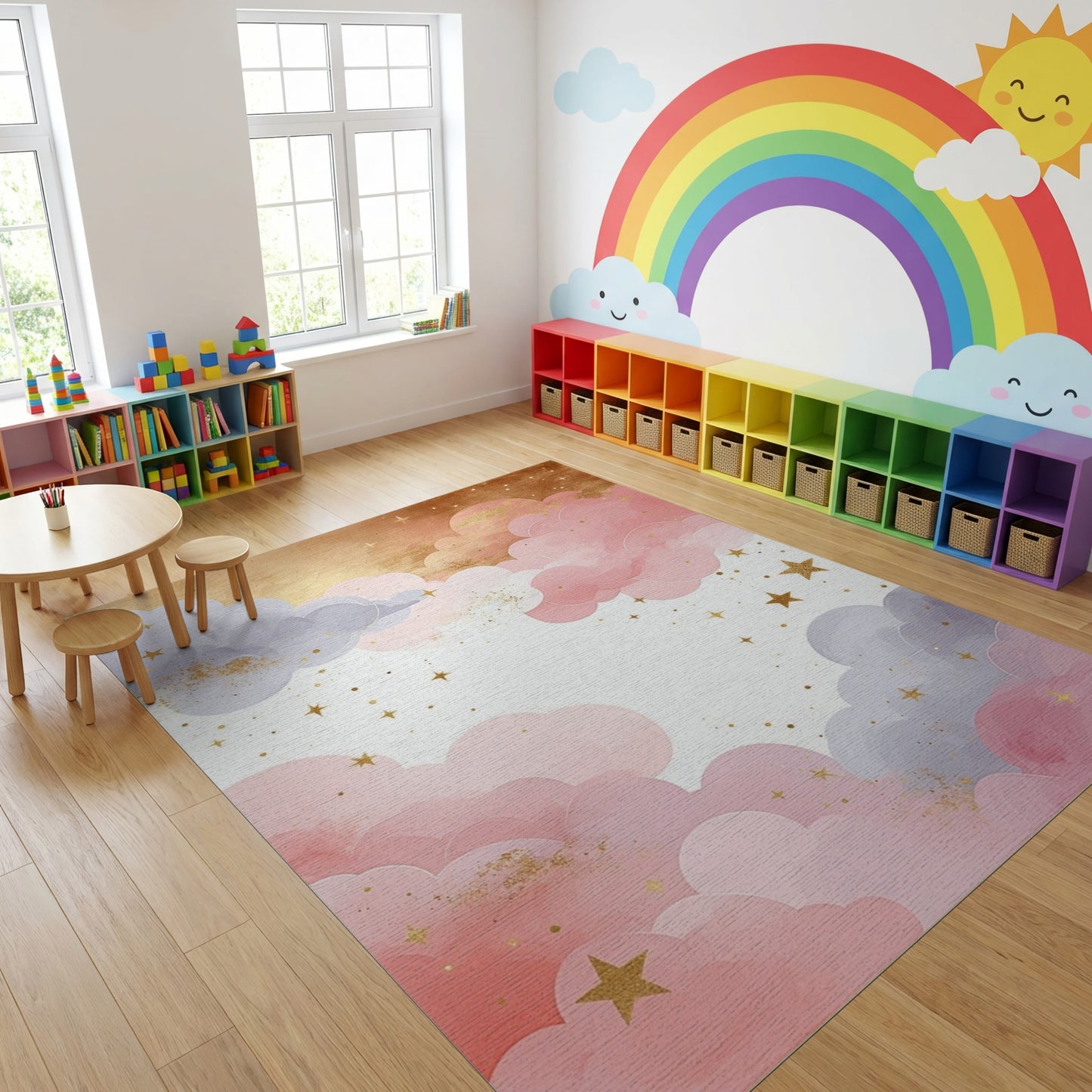 Dreamy Pastel Clouds Gold Stars Rug