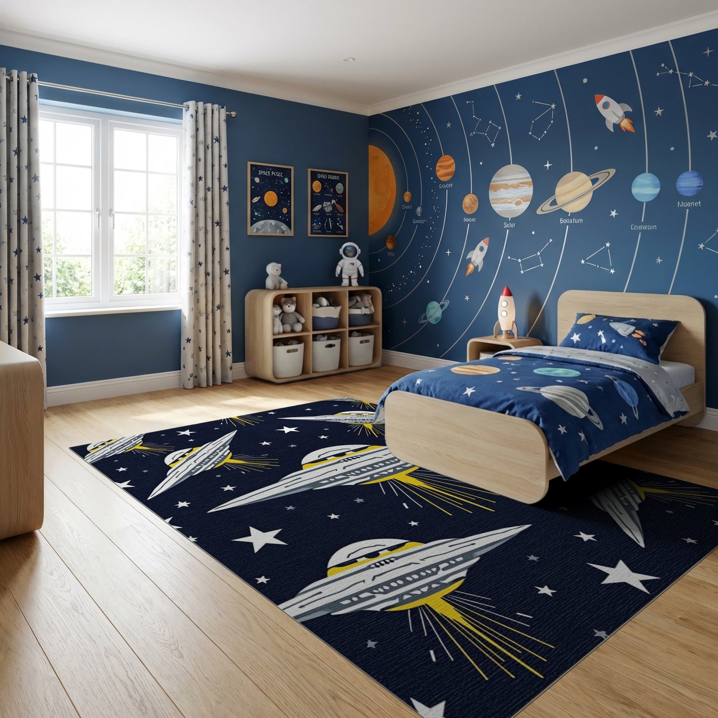 Whimsical Navy UFO Star Trail Rug