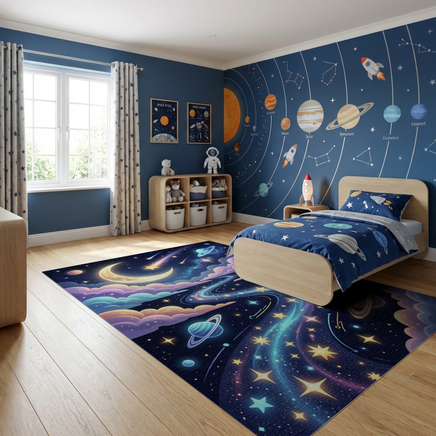 Dreamy Crescent Moon Planets Shooting Stars Rug