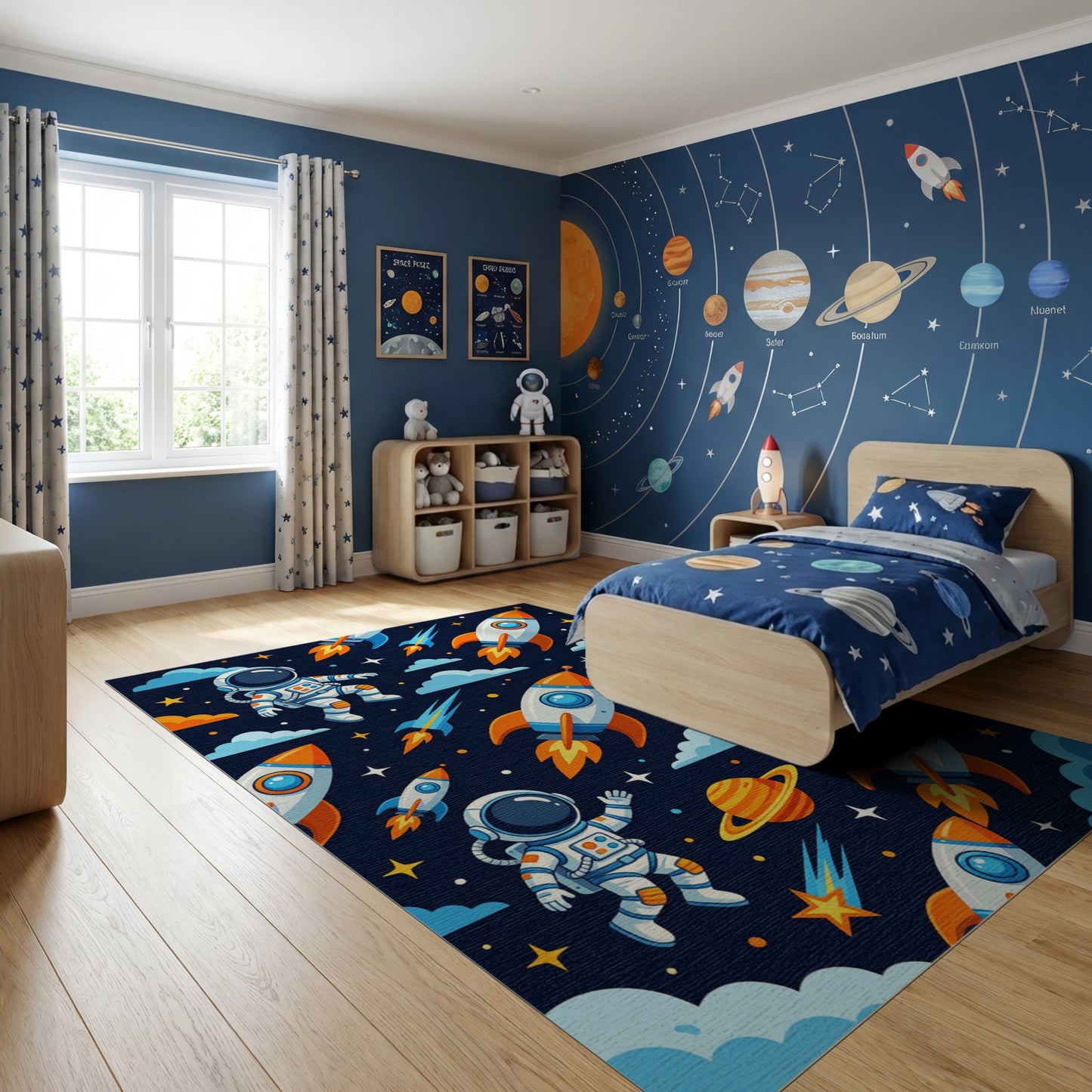Whimsical Astronaut Rockets Stars Clouds Rug