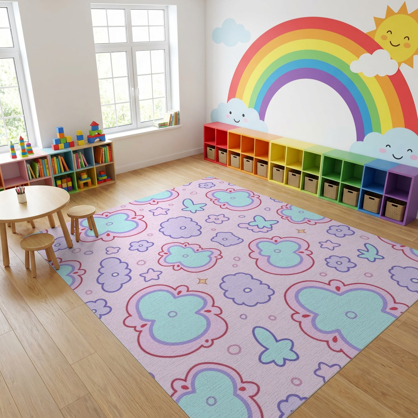 Pink Teal Purple Floral Butterfly Whimsical Rug