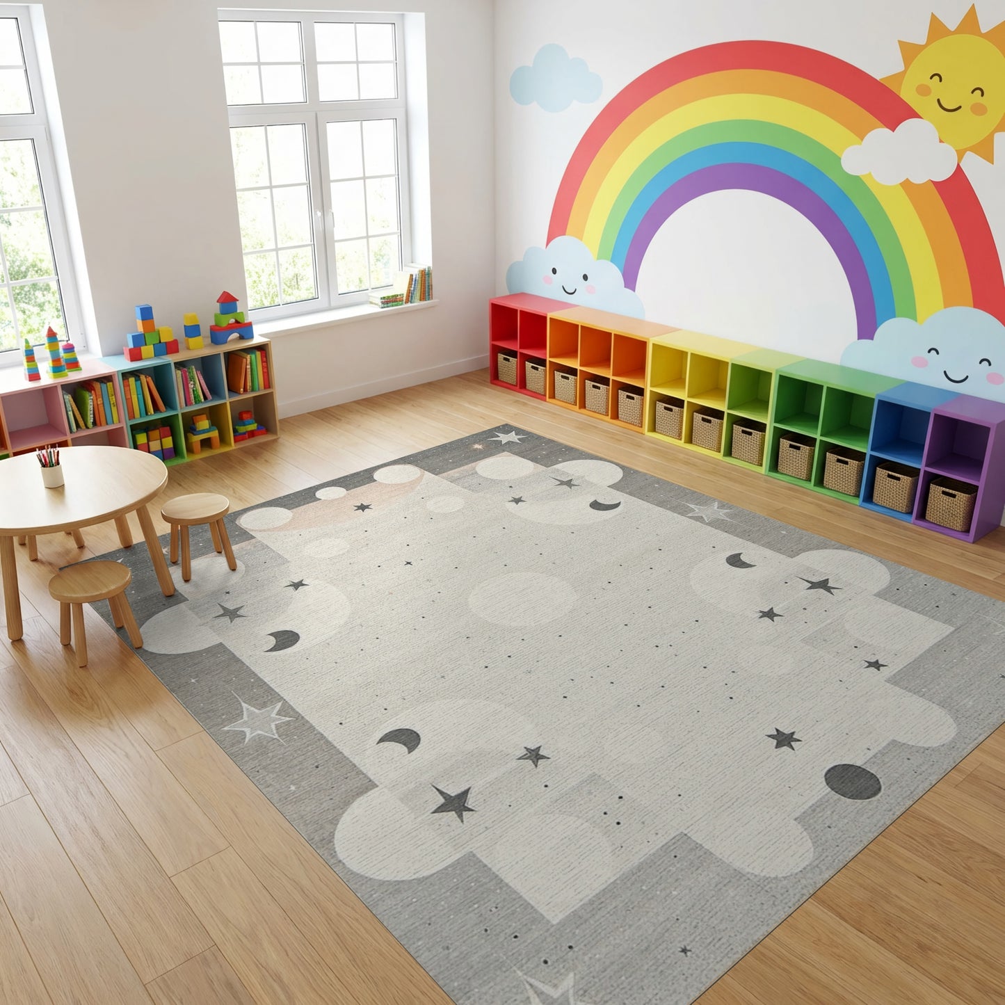 Celestial Gray Stars Moons Rug