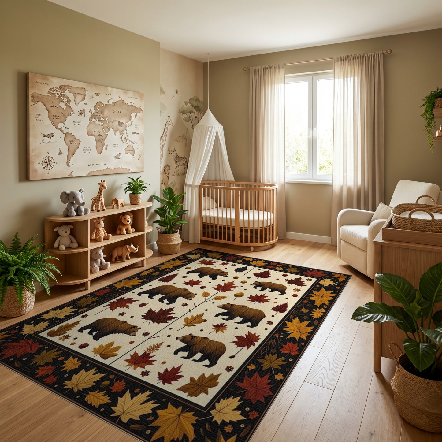 Whimsical Brown Bears Autumn Leaves Rug