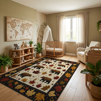 Whimsical Brown Bears Autumn Leaves Rug