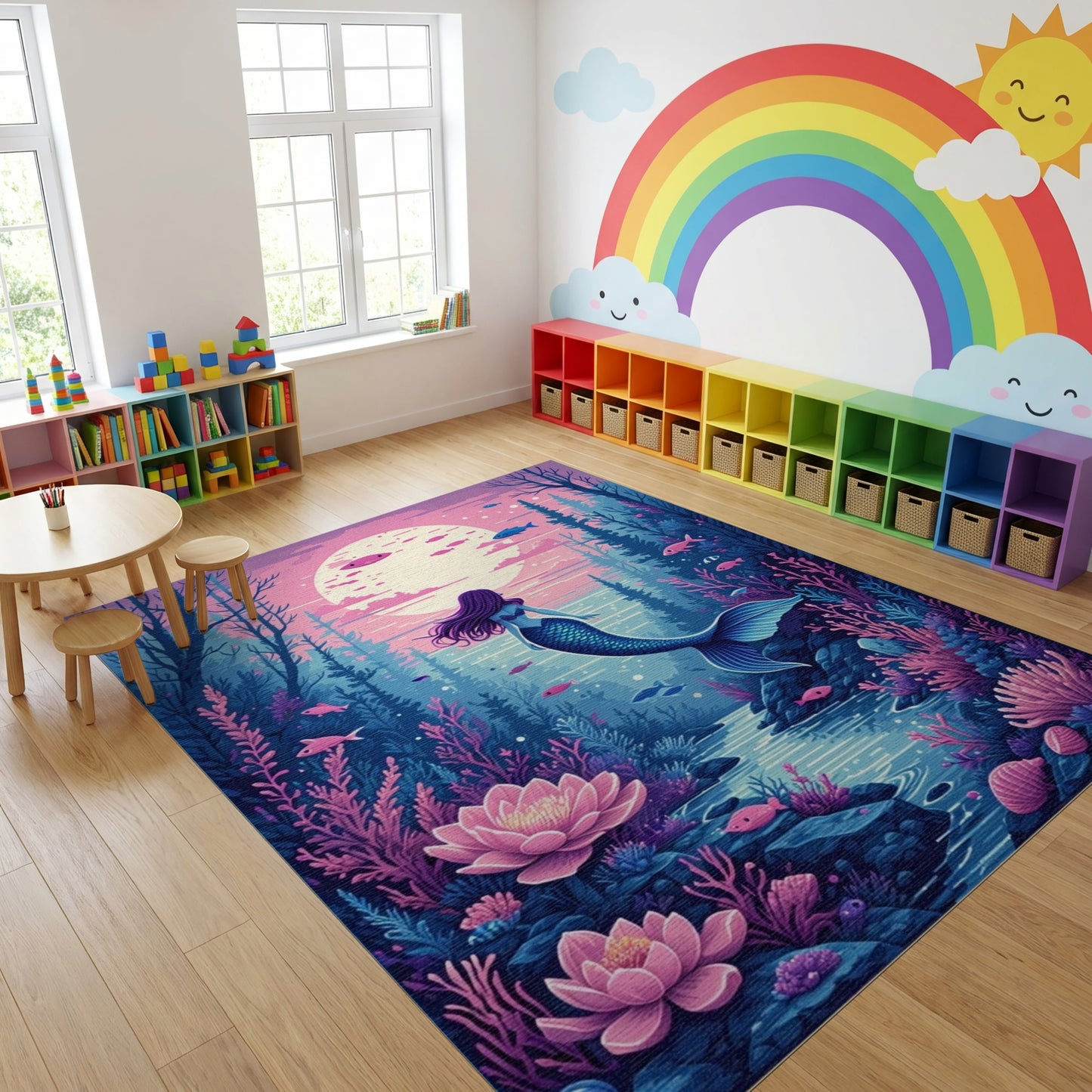 Mystical Mermaid Moonlit Lotus Forest Rug