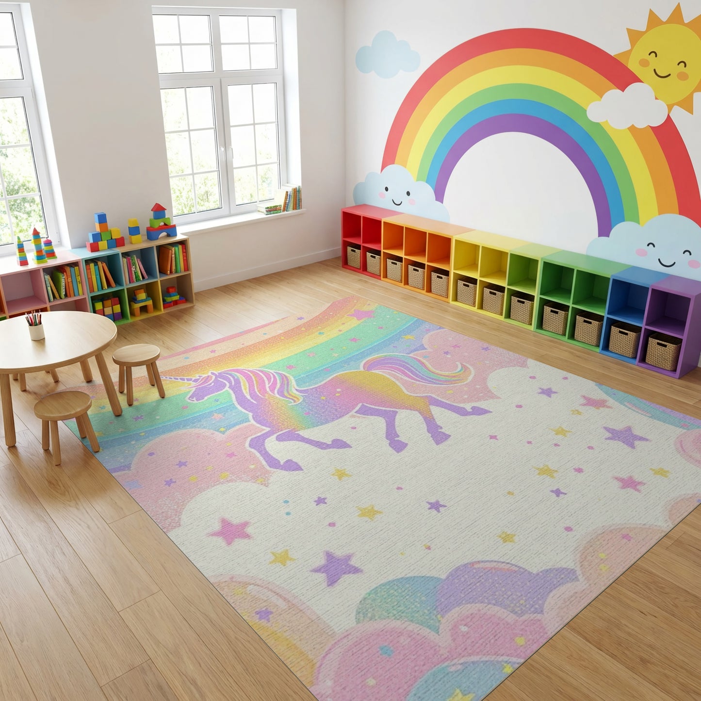 Whimsical Unicorn Rainbow Stars Clouds Rug 2