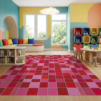 Bold Pink Red Mosaic Grid Rug