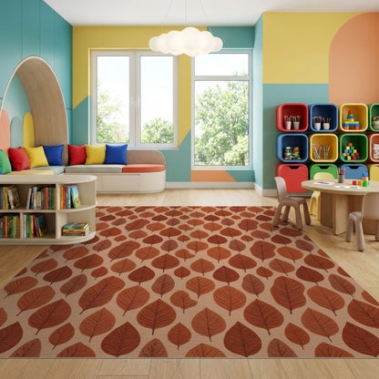 Warm Rust Beige Leaves Pattern Rug