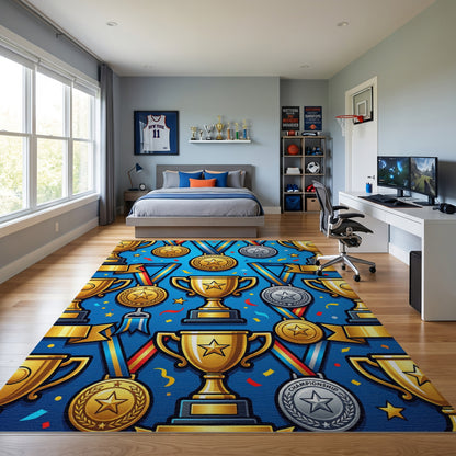 Celebratory Gold Silver Trophies Confetti Rug