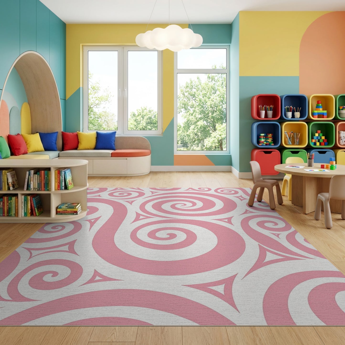 Pink and White Swirling Spiral Rug
