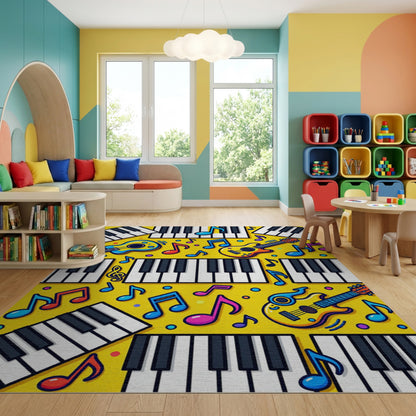 Vibrant Yellow Piano Guitar Notes Rug