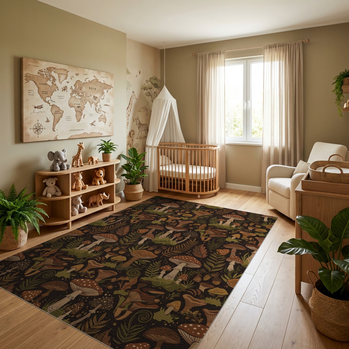 Whimsical Mushroom Fern Acorn Forest Rug