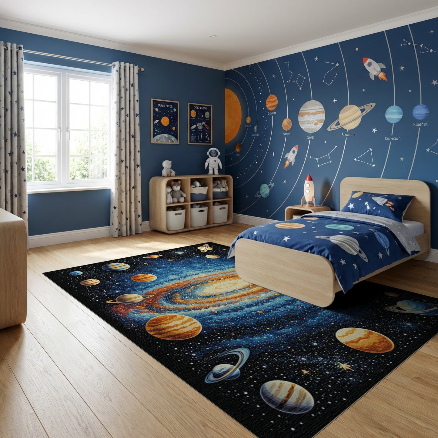 Vibrant Cosmic Spiral Galaxy Planets Rug
