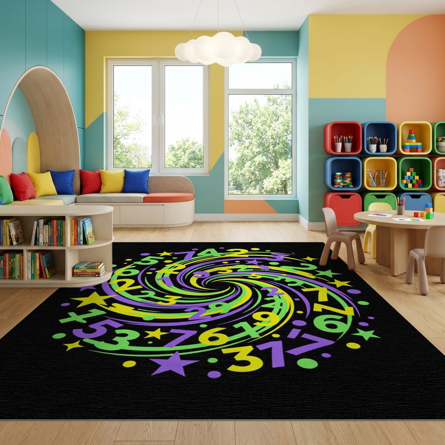 Swirling Purple Green Yellow Numbers Stars Rug