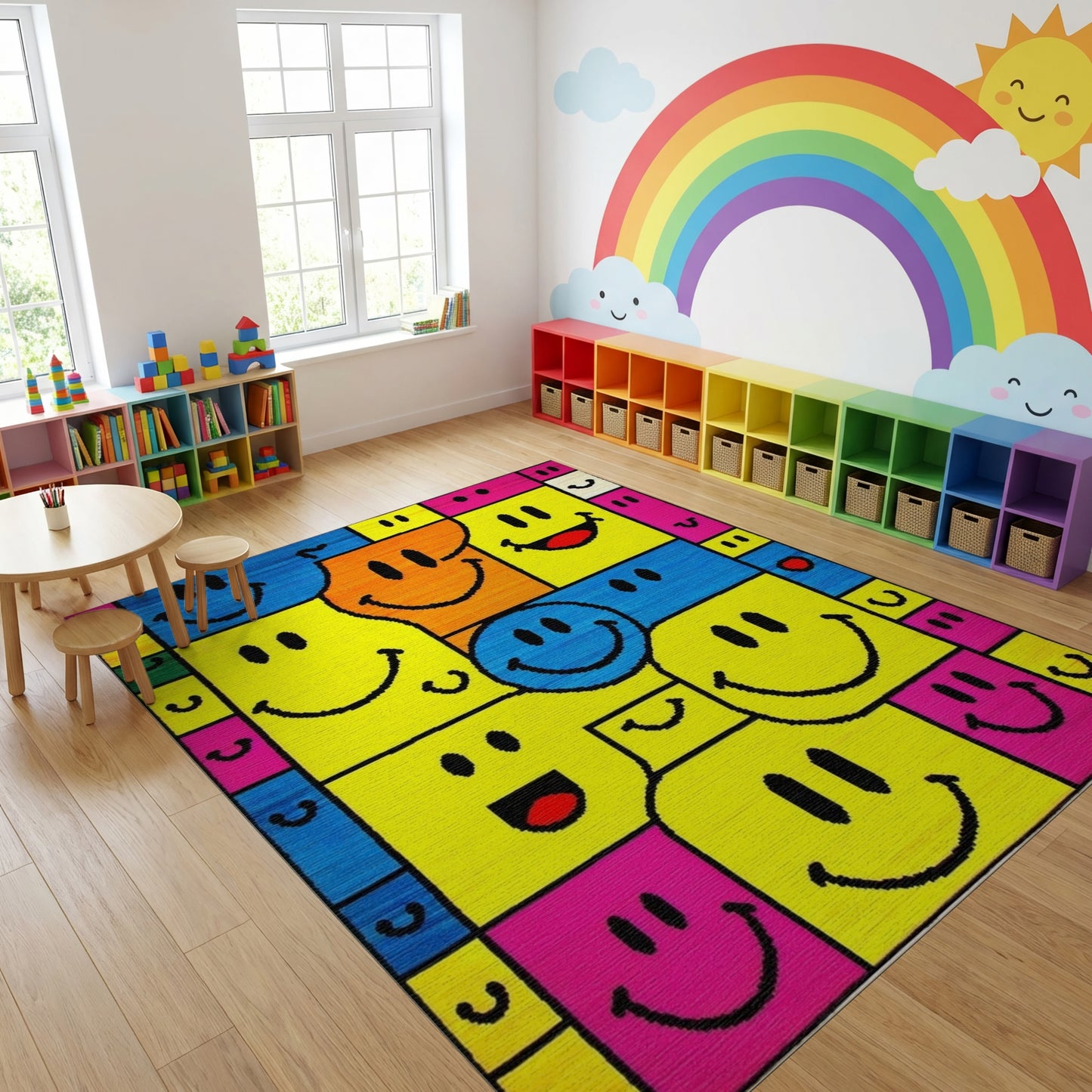 Vibrant Color Block Smiling Faces Rug