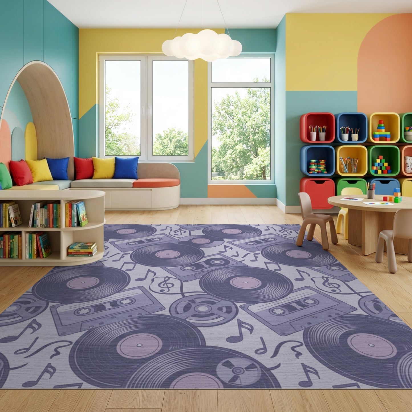 Retro Purple Vinyl Records Cassettes Rug