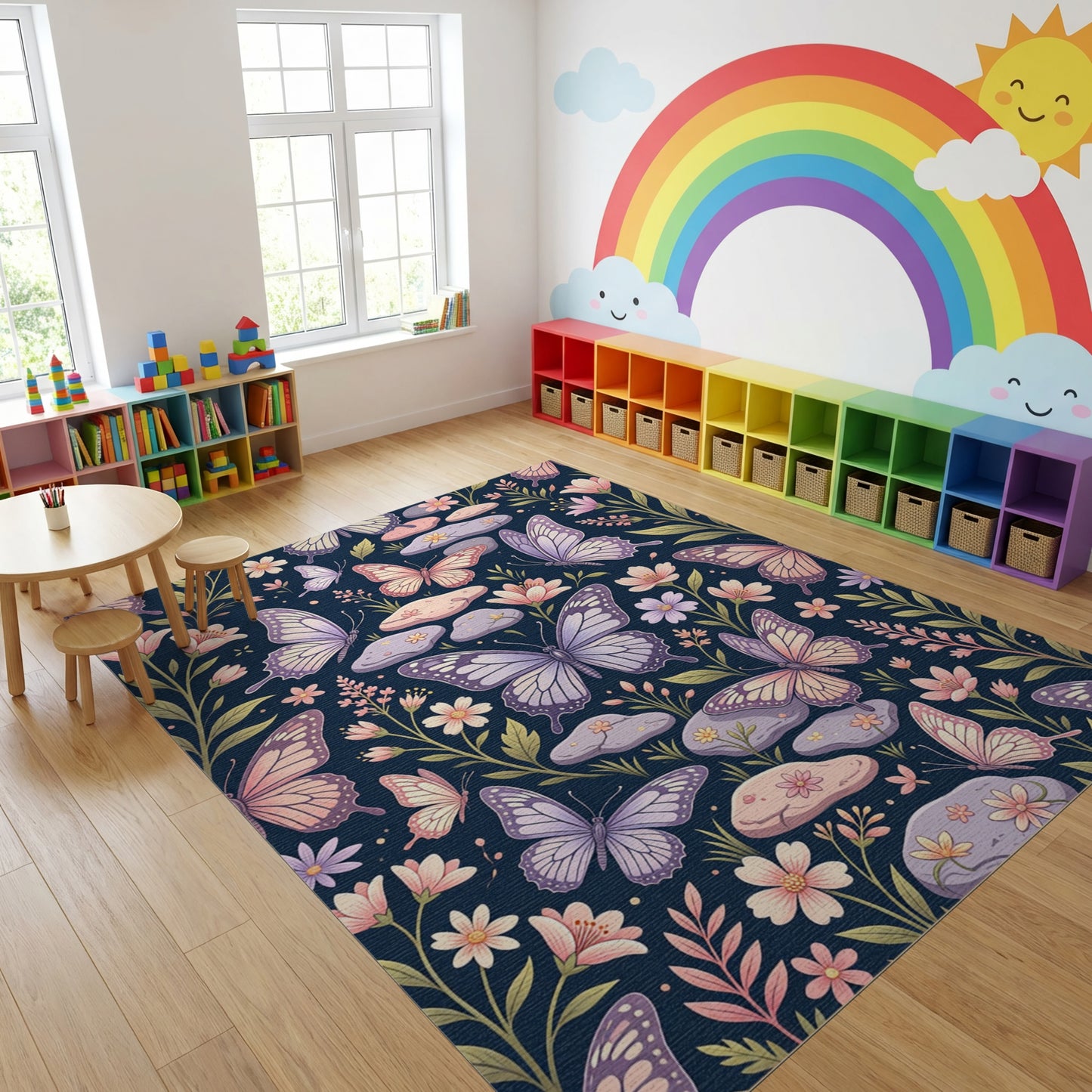 Whimsical Lavender Butterfly Floral Stones Rug