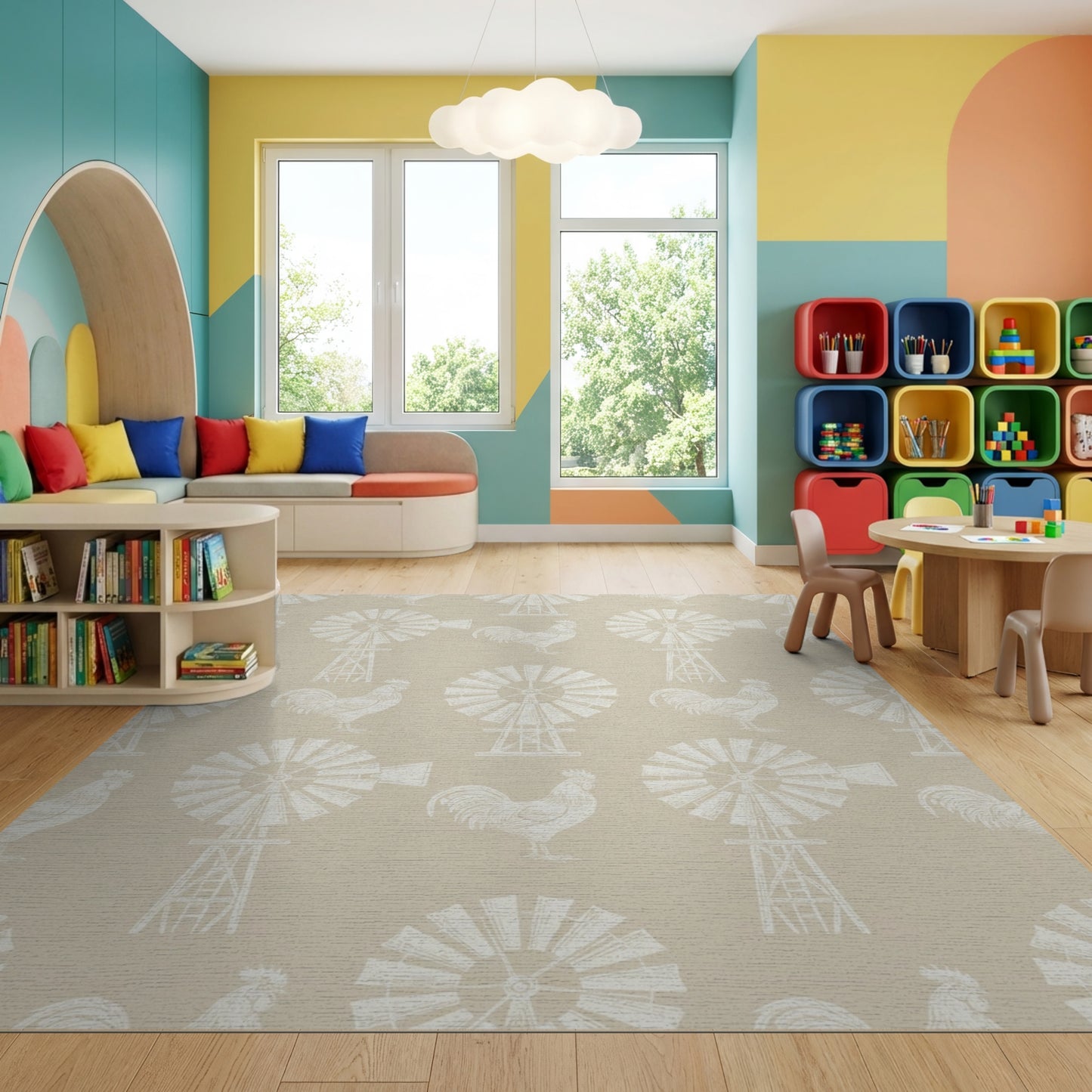 Farmhouse Windmill Rooster Pattern Rug