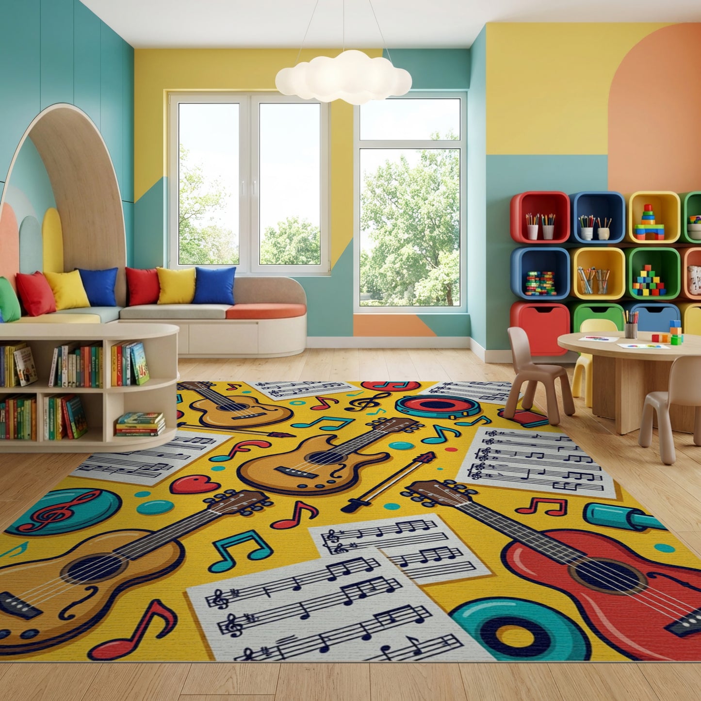 Vibrant Yellow Guitars Music Notes Rug